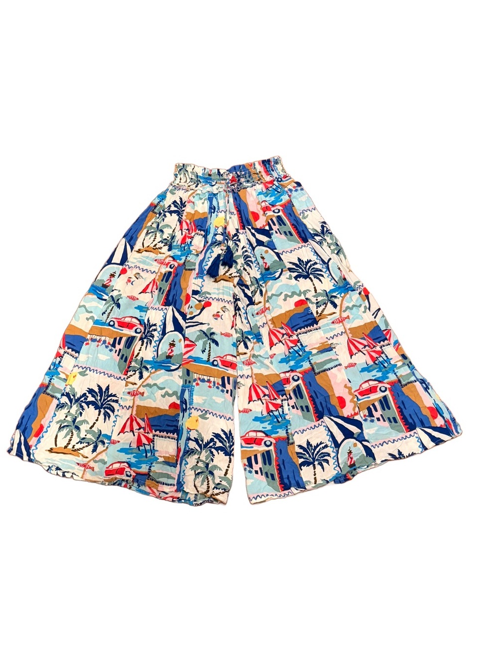 True Destinations Coastal Wide Leg Palazzo Pants Medium Postcard Print Smocked - Picture 4 of 12